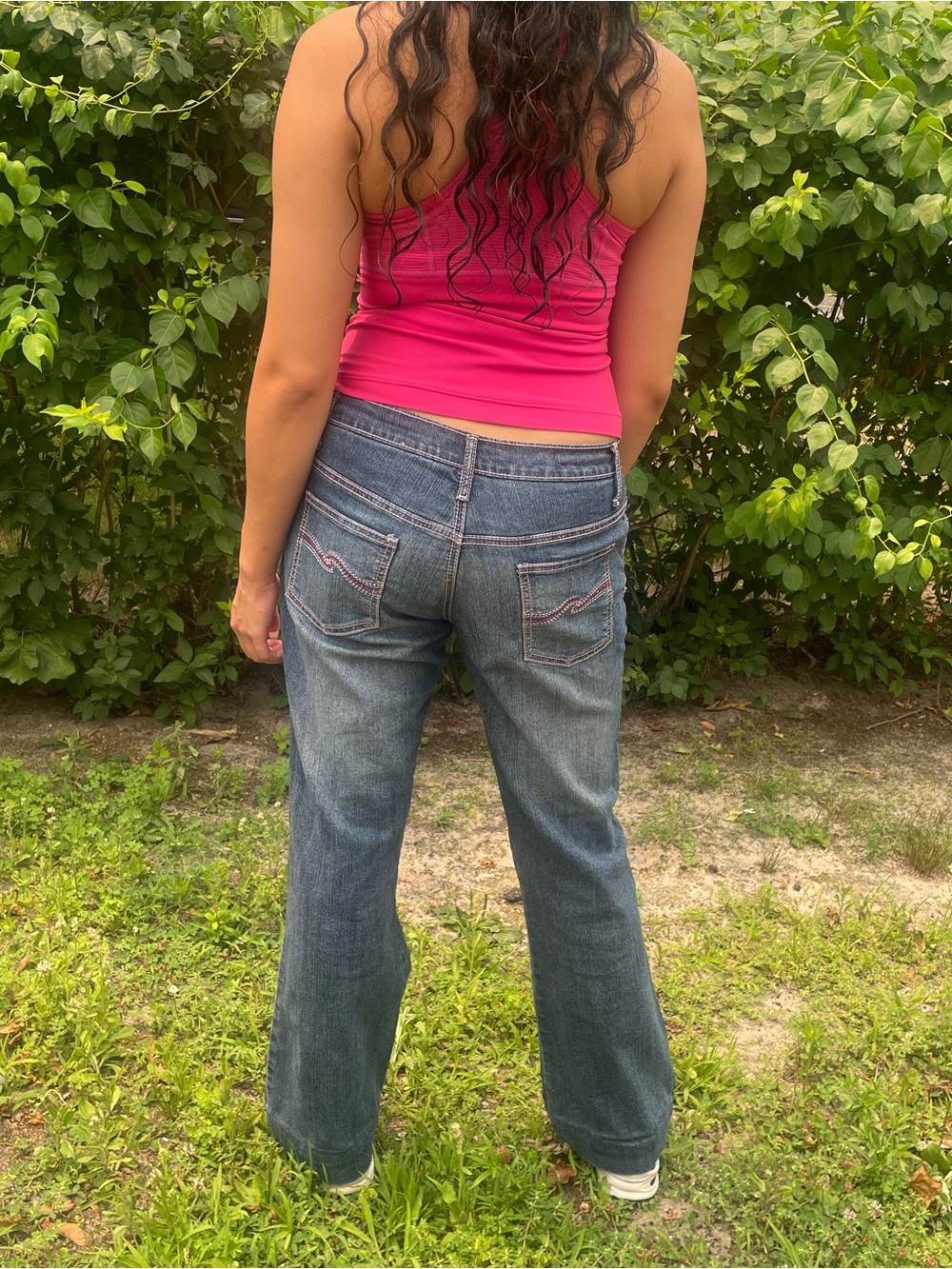 R4R rave jeans Flare Pink trim and Rhinestones on the Back Britney Spears Vibes